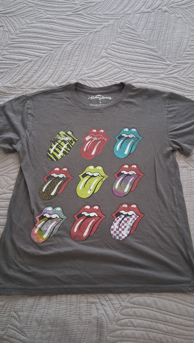 the Rolling Stones Gray Tee with Red, Teal and Yellow Tongues